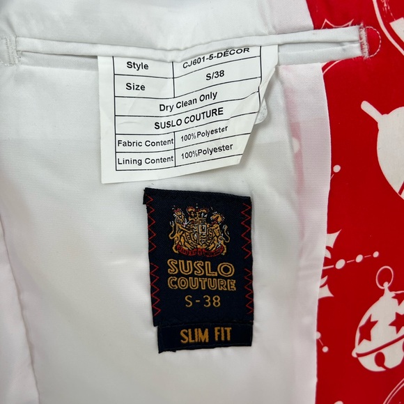 Suslo Couture Mens Red & White Holiday Christmas Snowflake Blazer Size 38 - Picture 8 of 8